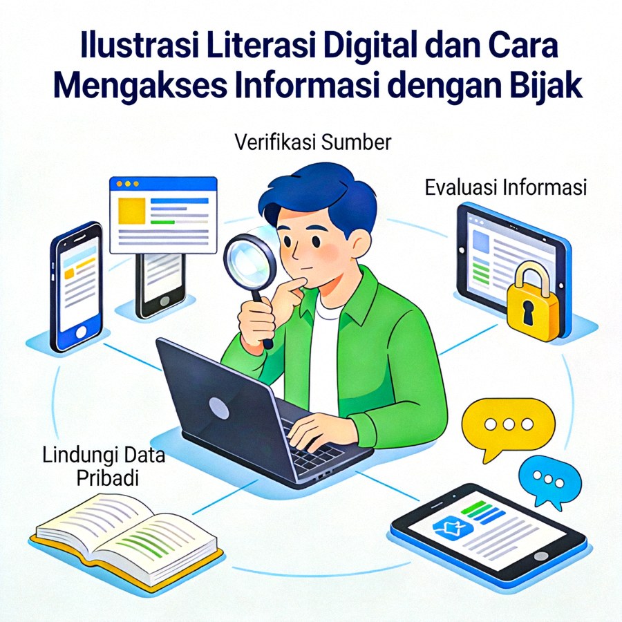 Ilustrasi literasi digital dan cara mengakses informasi dengan bijak