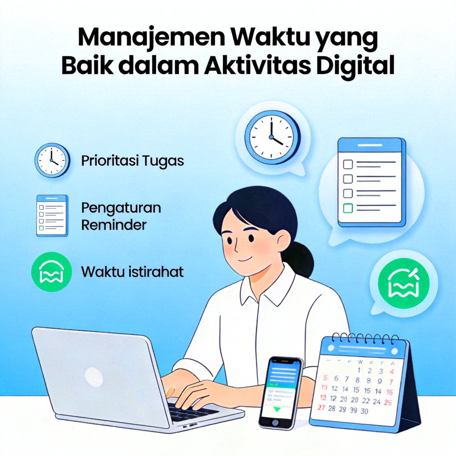 Ilustrasi konsep manajemen waktu yang baik dalam beraktivitas di dunia digital