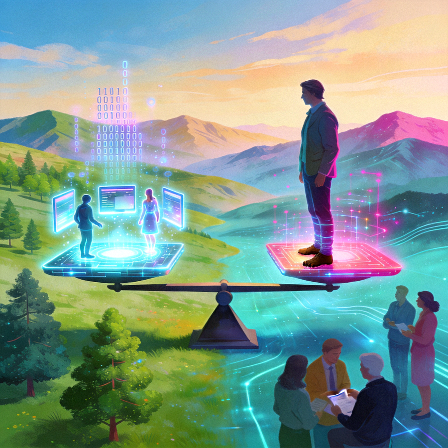 Ilustrasi metafora keseimbangan antara kehidupan digital dan dunia nyata